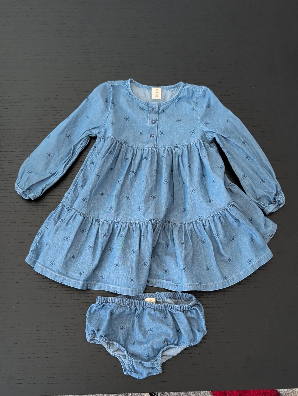 New Tucker + Tate 2 Piece Chambray Denim Prairie Long Sleeve Dress Bloomers 18M